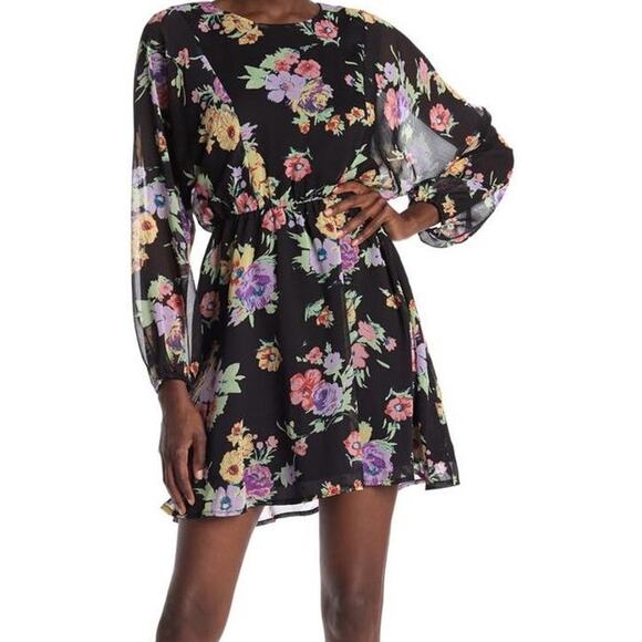 Wayf Dolman Long Sleeve Mini Dress Floral Cocktail Elastic Waist Black S NWOT - Picture 1 of 6